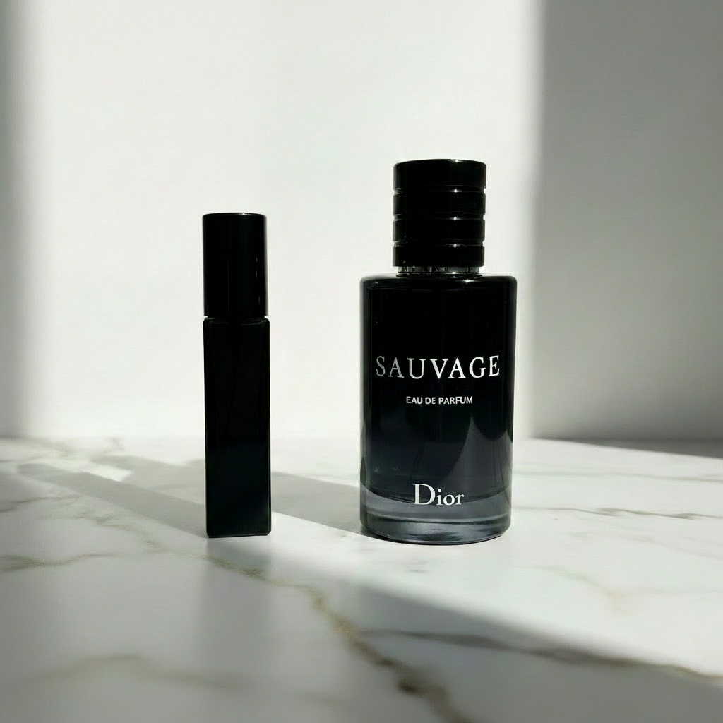 Black bottle with metallic black cap and Dior Sauvage on white marble