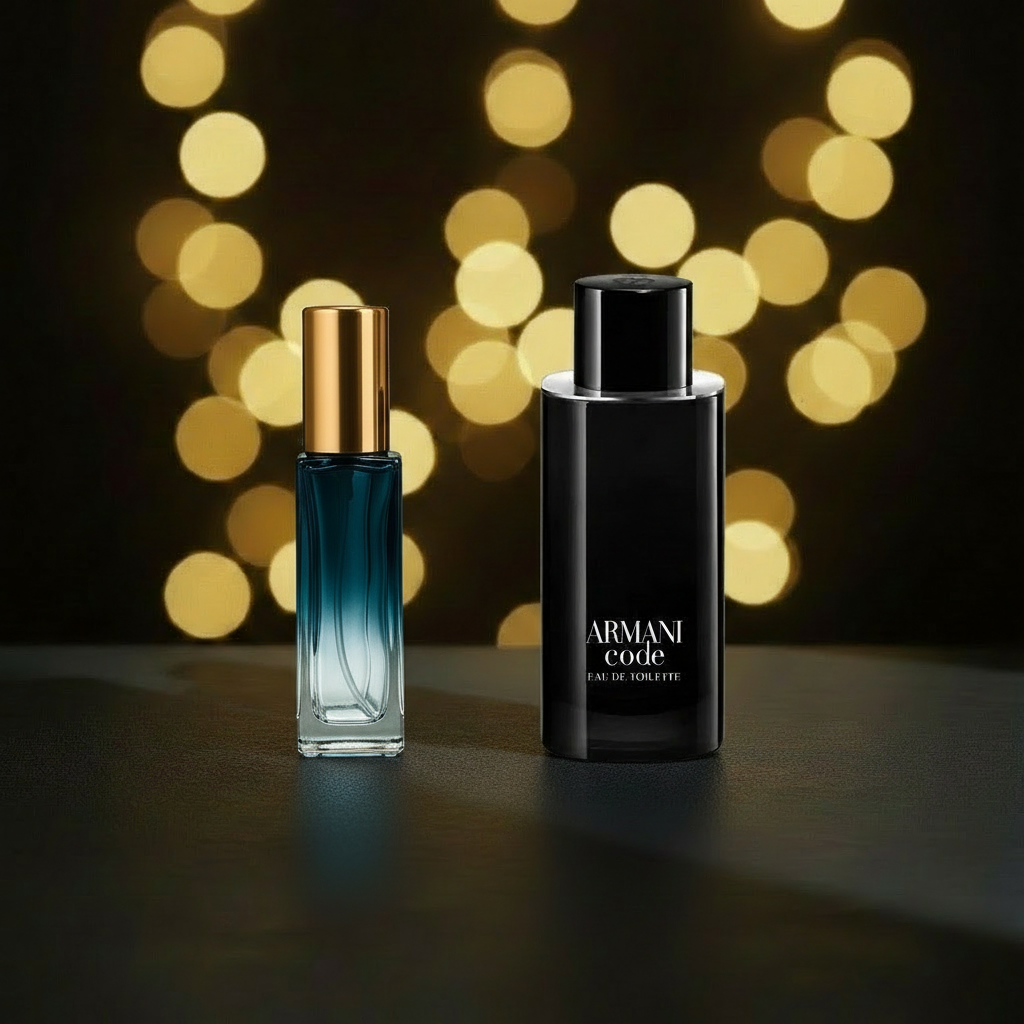 Blue ridged bottle and Armani Code