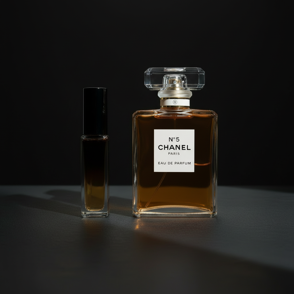 Chanel No. 5 with gradient sample vial on Statement Set background