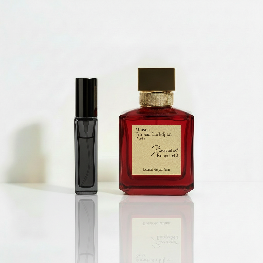 Chrome cap bottle with clear glass and dark liquid - Baccarat Rouge 540