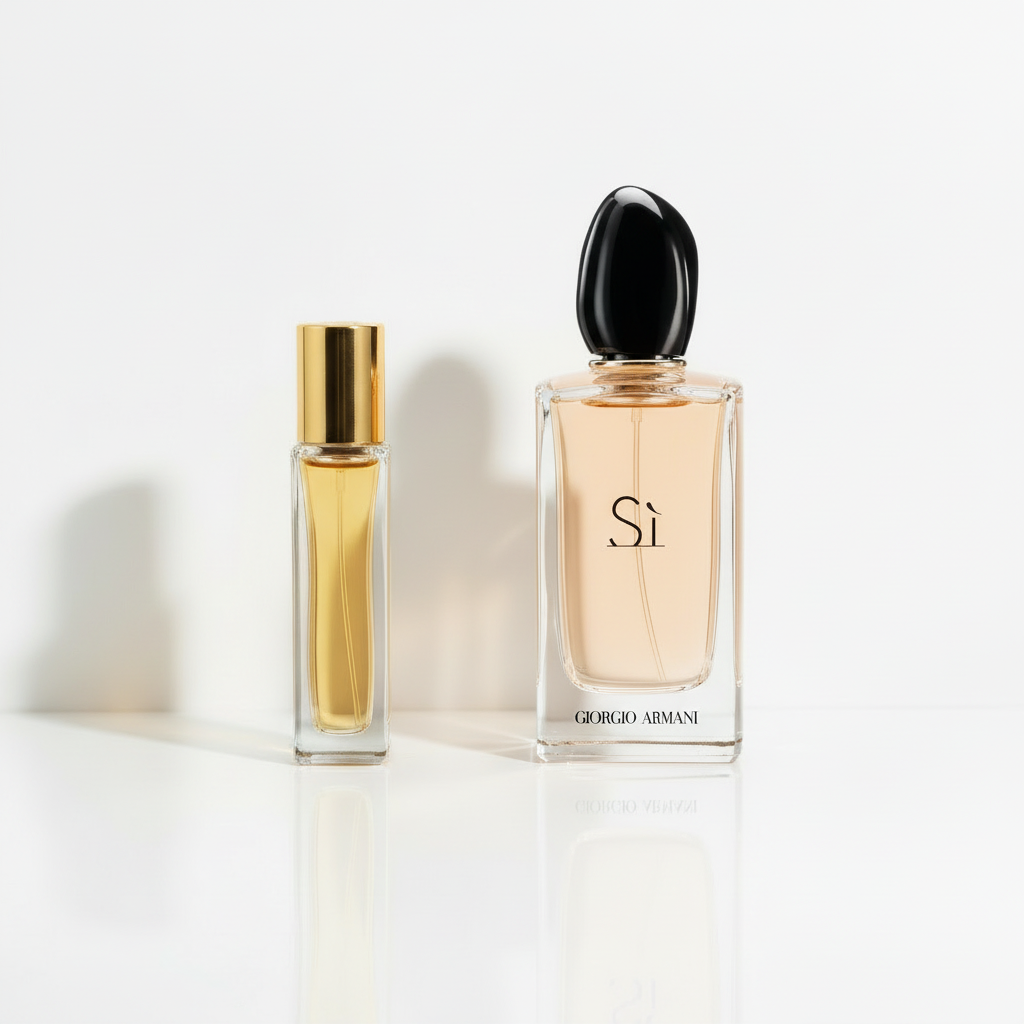 Giorgio Armani Sì with gold sample vial on white background