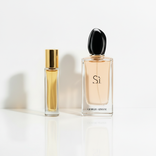 Giorgio Armani Sì with gold sample vial on white background