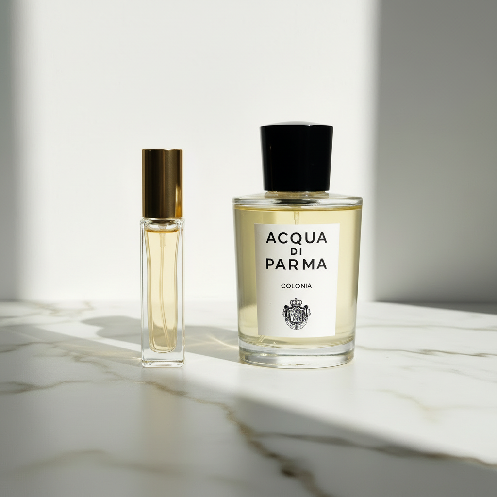 Golden bottle and round Acqua di Parma Colonia with reference background