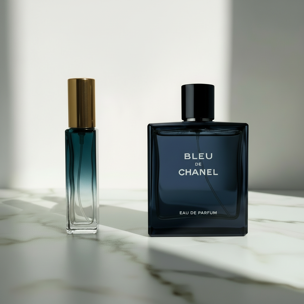 Gradient teal bottle with gold cap and Bleu de Chanel on white marble