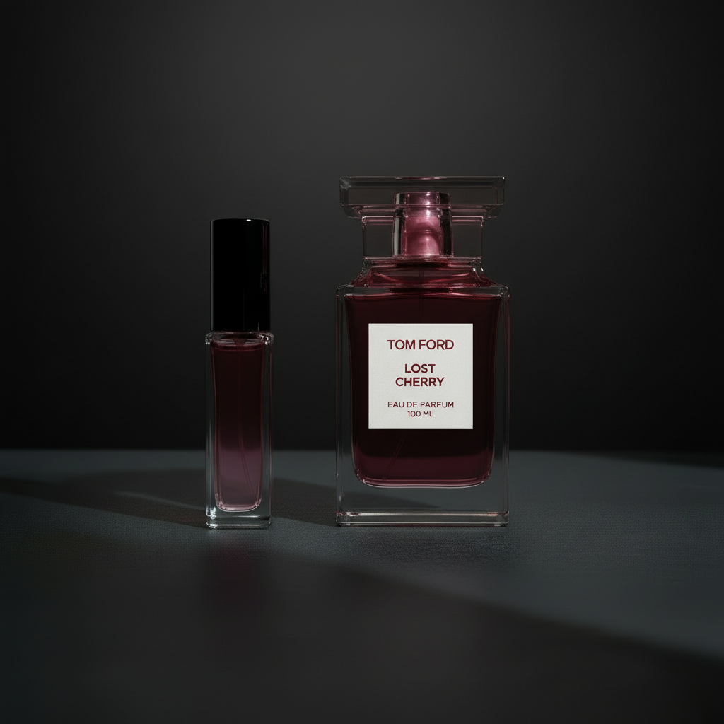 Tom Ford Lost Cherry with red gradient sample vial on Statement Set background
