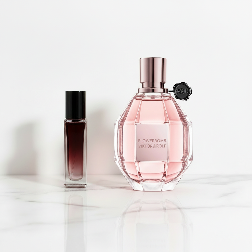 Viktor&Rolf Flowerbomb with red gradient sample vial on white background