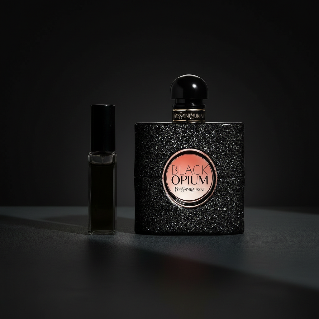YSL Black Opium with black sample vial on Statement Set background